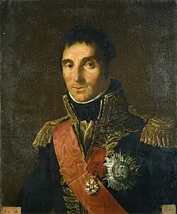 French Army General Andrea Massena, with a red rank-signifying sash and medals, looking forward. He won the battle of Loano with his troops.