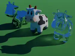 3D rendered image showing three copies of a cartoon cow. The one on the left has a mirror surface, and the one on the right uses a transparent glass material. The outlines of the cows and the shadows are smooth with no blockiness or angular defects. There are a few speckles of white pixels, but far fewer than in the low-quality image. The reflection, transparency, and lighting look realistic.