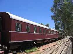 A latter-day narrow-gauge Ghan restaurant car retained at the Old Ghan Heritage Railway and Museum, Alice Springs, in 2009