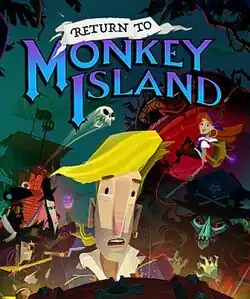 Close-up of Guybrush Threepwood gazing in amazement at the contents, not shown, of a chest radiating light. Behind him are the game's main characters in different poses and, in the background, a pirate ship and the giant monkey head of Monkey Island. The logo with the name of the game is superimposed at the top of the image.