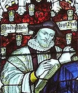 Hakluyt depicted in stained glass in the west window of the south transept of Bristol Cathedral, by Charles Eamer Kempe, c. 1905