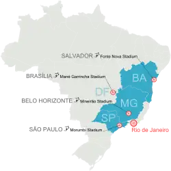 Map of Brazil showing the football venues of the Rio de Janeiro bid for the 2016 Summer Olympics.