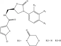 During the SAR testing, R1 was defined as the most important group for potency. Pyrrolidinone was the first R1 functional group to significantly increase the potency but further researches revealed even higher potency with a morpholinone group instead. Groups R2 and R3 had hydrogen or fluorine attached and it was quickly assessed that having hydrogen resulted in highest potency