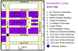 Diagram of Rockefeller Center. The subway entrance at Sixth Avenue and 48th Street is marked by a blue dot.