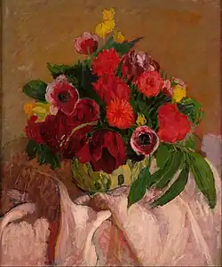 Mixed flowers on pink cloth, c. 1916 (Te Papa, Wellington)