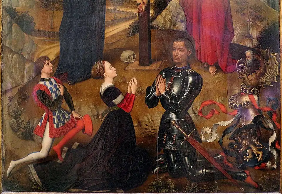 Painting of Alessandro Sforza in armor holding his hands together in prayer
