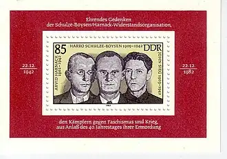 A Commemorative stamp honouring Arvid Harnack, Harro Schulze-Boysen and John Sieg, from the GDR, 1983