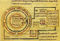 A page from a manuscript depicting the plan of a church with lines and a series of five concentring rings