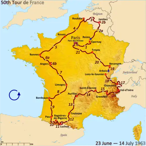 Route of the 1963 Tour de France