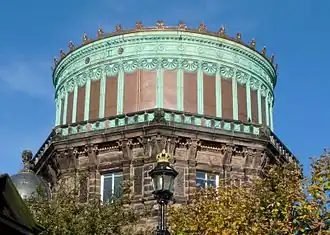 The East Tower of the Royal Observatory, Edinburgh, showing the contrast between the refurbished copper installed in 2010 and the green color of the original 1894 copper