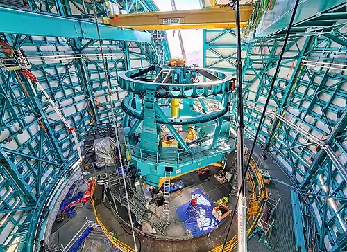 Telescope mount assembly, taken from the dome during bridge crane installation[156]