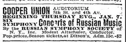 Newspaper clipping giving the venue as "Cooper Union Auditorium 8th St. and 4th Av."