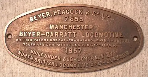 BP and NBL works plate off (South African Class GMA 4-8-2+2-8-4) no. 4140