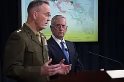 Defense Secretary James Mattis and the Chairman of the Joint Chiefs of Staff, Marine Gen. Joseph F. Dunford Jr., update the media on the defeat of the Islamic State of Iraq and Syria during a joint press conference