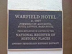 Warfield Hotel plaque, Uptown Tenderloin Historic District, National Register of Historic Places