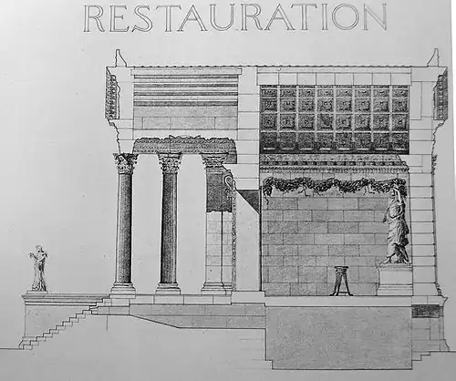 Cutaway reconstruction drawing by E. Hébrard, showing the temple's vaulted interior.