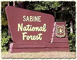 A sign for Sabine National Forest.