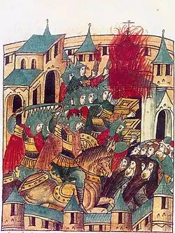 The sack of Suzdal by Batu Khan in 1238, miniature from the Illustrated Chronicle of Ivan the Terrible