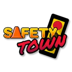 Stop light with text reading "Safety Town" where the "A" is a safety cone