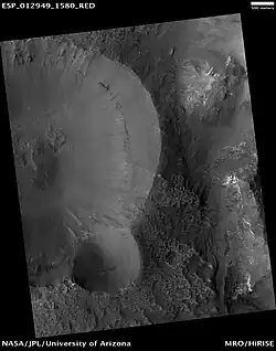 Small craters inset within Saheki crater, 22°&nbsp;S