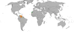 Map indicating locations of Sahrawi Arab Democratic Republic and Venezuela