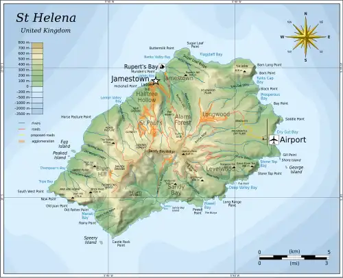 Location of the airport on St Helena, on the east side of the island
