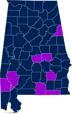 Map of Alabama divided by county with Autauga, Clarke, Cleburne, Covington, Elmore, Geneva, Pike, and Washington Counties highlighted.