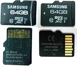 Genuine Samsung microSD (left) and counterfeit (right). The counterfeit claims to have 64 GB of capacity, but when trying to write more than 8 GB, data loss occurs.