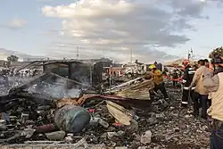 A firefighter extinguishing a fire