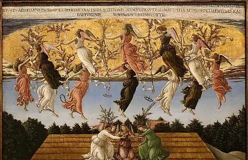 The Verdigris of the angels' costumes in Nativita Mistica by Botticelli darkened from bluish green to foliage green.