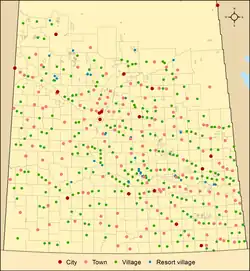Map of urban municipalities by type in Saskatchewan as of 2013