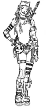 A sketch of Satsu standing in her costume.