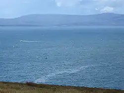 The attack site today, seen from a cliff above the bay. A small green wreck buoy is a few hundred metres away. A thin slick of oil is on the surface of the sea.