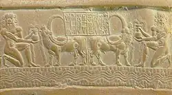 Seal impression with gods and water buffaloes, thought to have been imported from the Indus Valley civilization, an example of Indus-Mesopotamia relations at the time.
