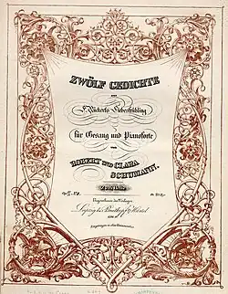 Highly decorated cover page of a composition, showing the title and other information in swinging lines, framed by a garland reminiscent of Gothic wood-carving