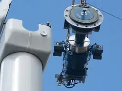Image 58Components of a horizontal axis wind turbine (gearbox, rotor shaft and brake assembly) being lifted into position (from Wind turbine)