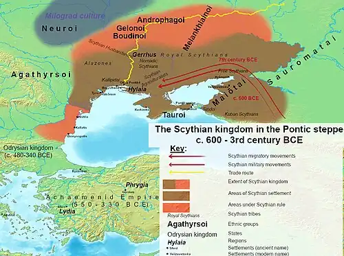 The maximum extent of the Scythian kingdom in the Pontic steppe
