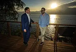 Nayib Bukele and Marco Rubio talking on a balcony overssing Lake Coatepeque