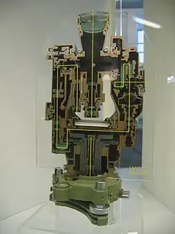 Sectioned Wild theodolite showing the complex light paths for optical readout, and the enclosed construction