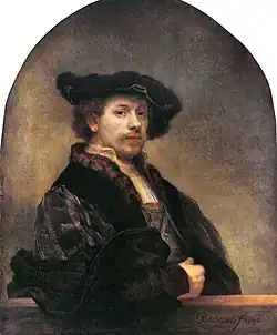 Self-portrait, 1640, wearing a costume in the style of over a century earlier. The pose relates to his etching of 1639 (below) and the Titian portrait A Man with a Quilted Sleeve.[27] National Gallery, London
