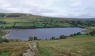 Image of an upland lake surrounded by fields and limestone hills