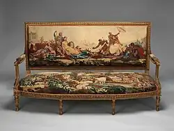 Louis XVI settee; designed in circa 1786, woven 1790–91, settee frame from the second half 19th century; carved and gilded wood, with wool and silk; 107.3 × 191.5 × 71.1&nbsp;cm; Metropolitan Museum of Art