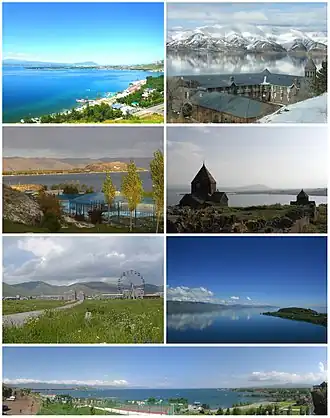 From top left: Sevan landscape&nbsp;• Vaskenian Theological Academy Sevan peninsula&nbsp;• Sevan Monastery Sevan skyline&nbsp;• Lake Sevan Panoramic view of Sevan beach