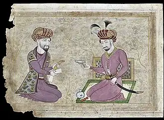 A drawing of two sitted men.