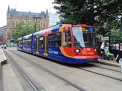 A Siemens-Duewag Supertram, operating a service to Halfway, seen in July 2010.