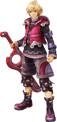 Artwork of Shulk, a young, blond man wearing a wine red vest and carrying a red sword