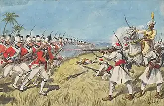 A British illustration of Sayed Sahib leading Hyder Ali's forces during the Siege of Cuddalore.
