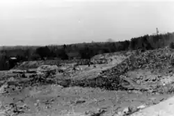 A black and white photograph of the ruins of an old mine, with a forest and power lines in the background