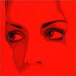 A red-tinted close-up of a woman's face