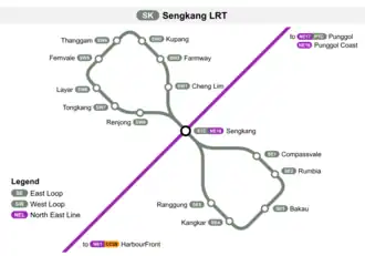 A map of the Sengkang LRT line (SKLRT), which are the two grey loops. Both loops start from Sengkang station, which interchanges with the purple line.